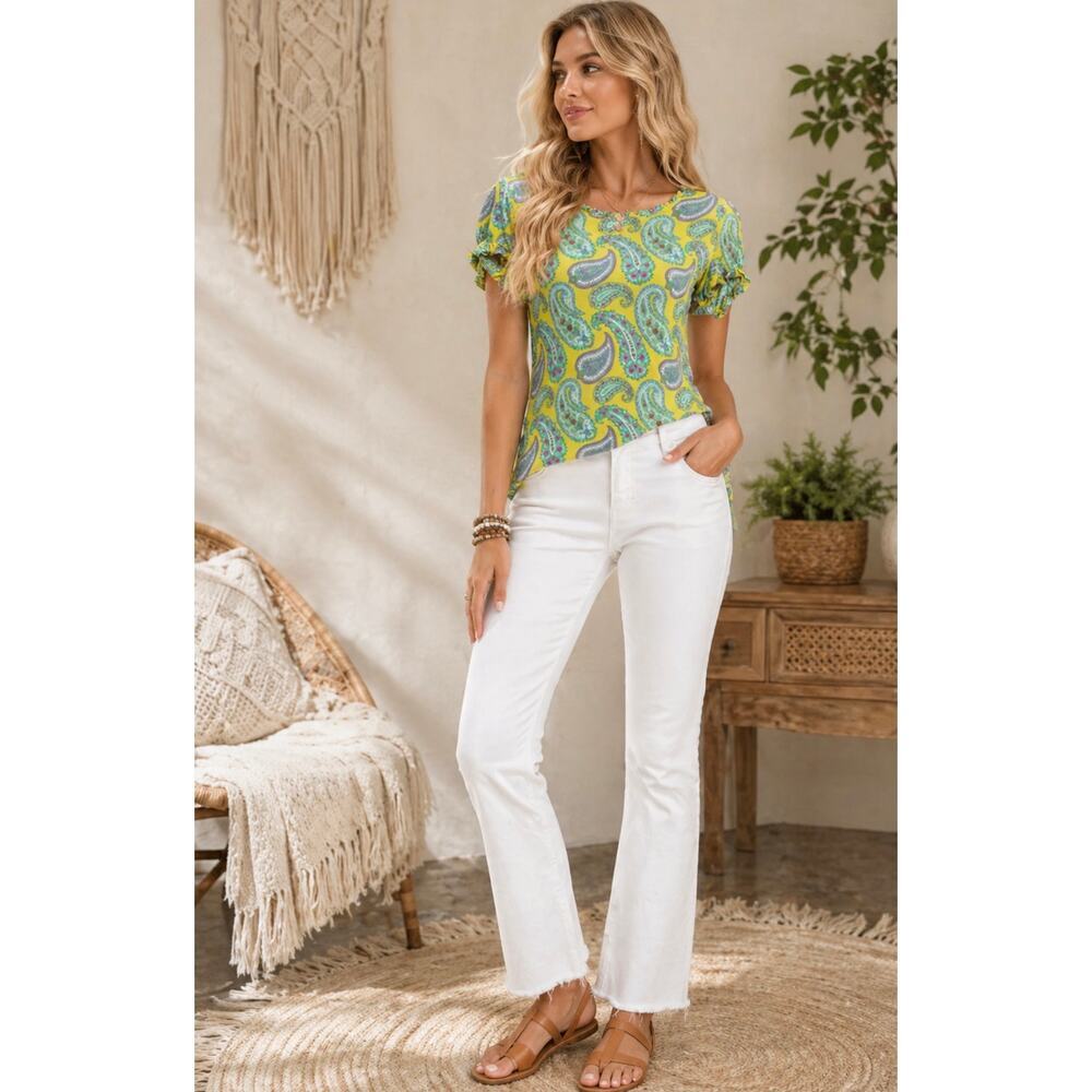 Etro Milano Paisley Top Italy Yellow Green Print Stretch Blouse Sz 46 (US 8–10)